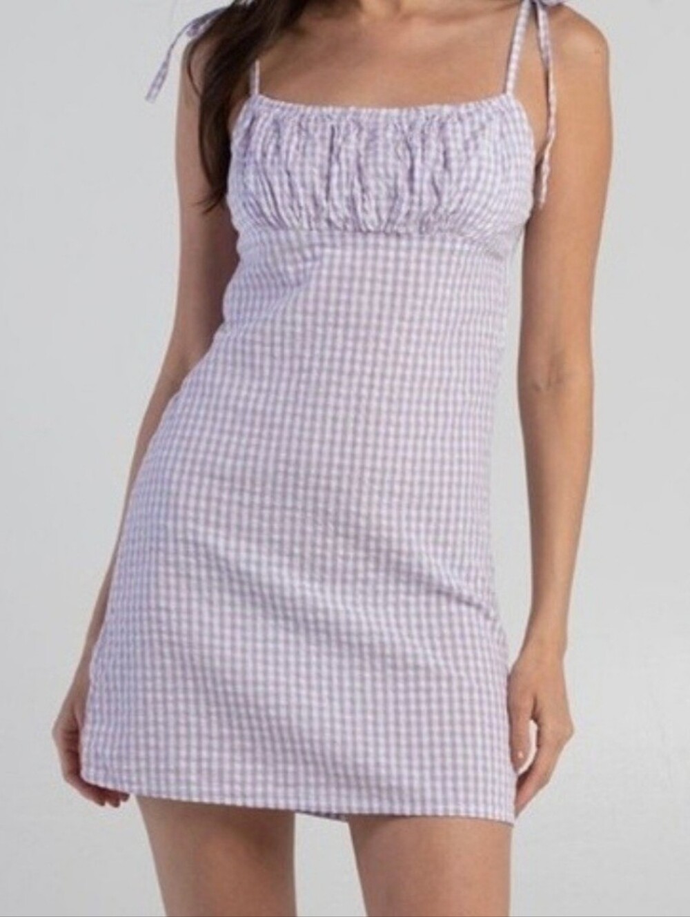 Full Tilt Gingham Smocked Mini Dress Lavender White Tie Shoulder